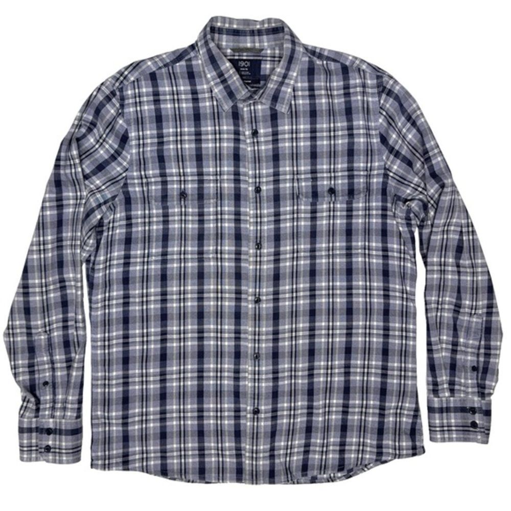 Men’s 1901 Trim Fit Stretch Flannel Blue Gray White Plaid Button Down Large